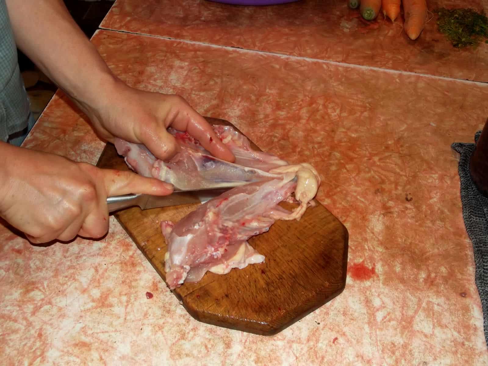 After you've broken the bones with the shears, use your knife to cut the meat away from one side of the keel bone, and separate the two halves of the breast.