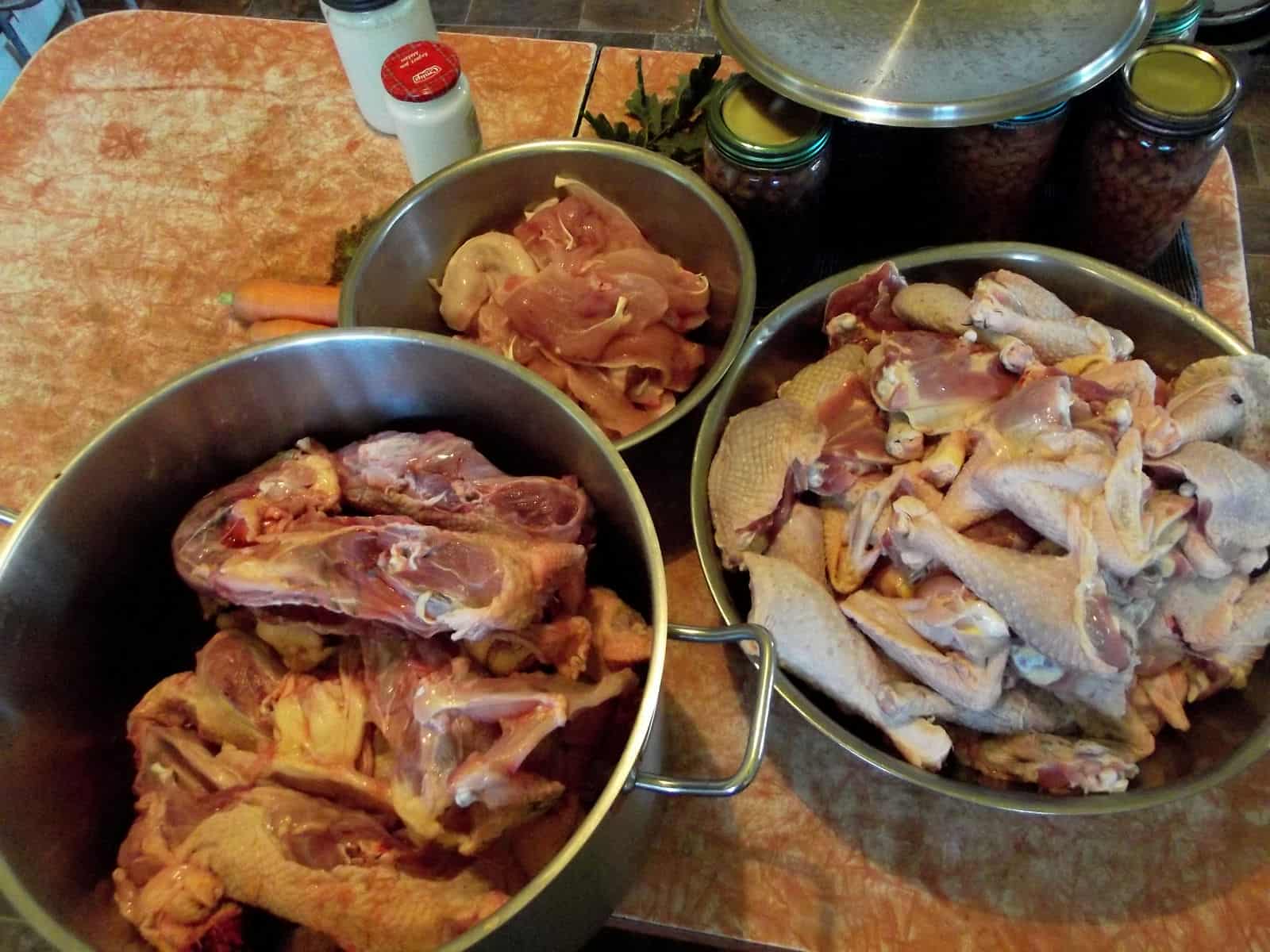 What I ended up with, from 14 chickens: A big pot of bones to turn into broth, a bowl of boneless skinless breast, and a bowlful of other pieces.
